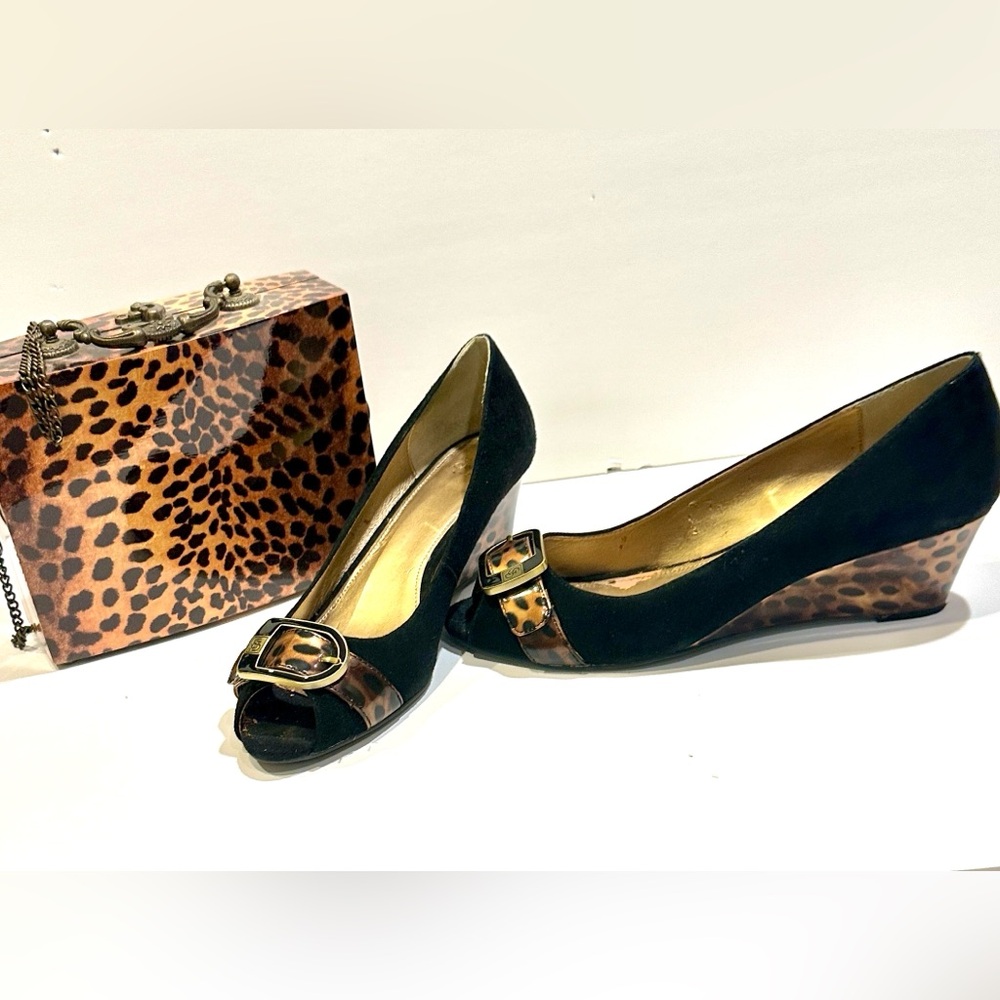 Joan & David Black Wedges with Leopard Accents and Buckle